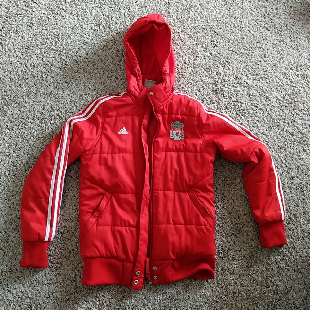 Adidas Red Puffer Coat with Hood and Sporty Stripes